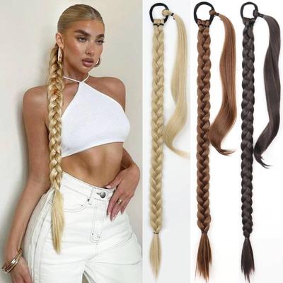 Synthetic Braided Ponytail Hair Extensions Natural Blond Hairpiece Long Wrap Around Pony Tail with Rubber Band