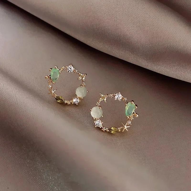 New Korean Classic Round Pink Green Crystal Stud Earrings for Women Sweet Flower Cirlce Jewelry Fashion Brincos Creative Gifts