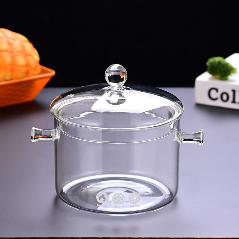 Transparenter Glastopf mit großem Fassungsvermögen, verdickter temperaturbeständiger doppelohriger Instant-Nudeltopf mit Deckel, kann mit offener Flamme erhitzt werden, Gesundheitstopf