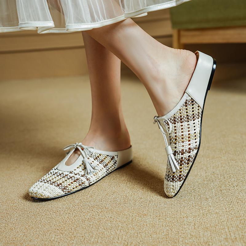 Fashion 2025 Outside NEW Summer Women Mules Women Slippers Concise Cover Toe Slingback Round Toe Low Heel Weave Modern Sandals