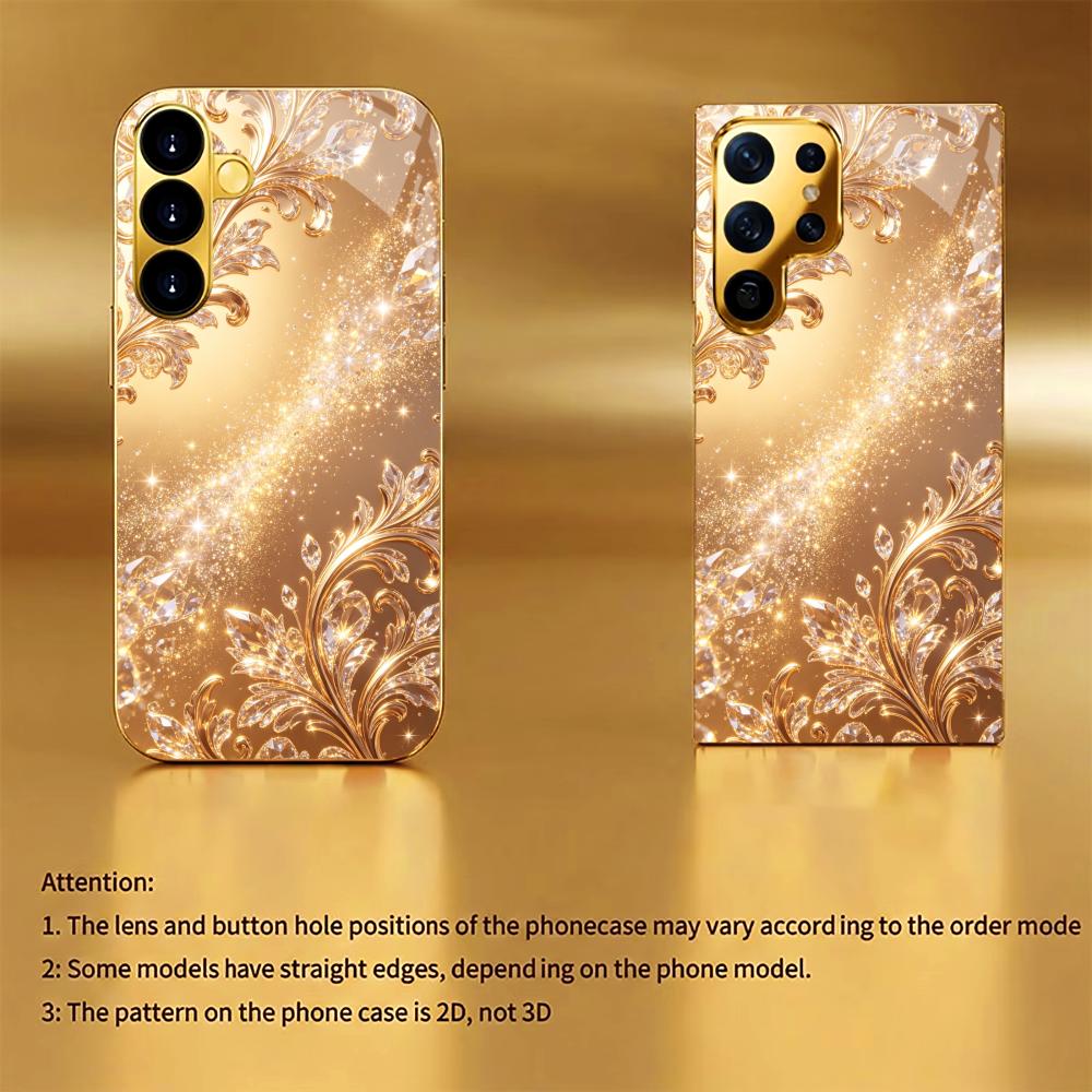 Golden Glittering Floral Pattern Phone Case S26 Ultra Case S25 Ultra Case Glass for Samsung Galaxy S26 S25 S24 S23 FE Ultra Plus