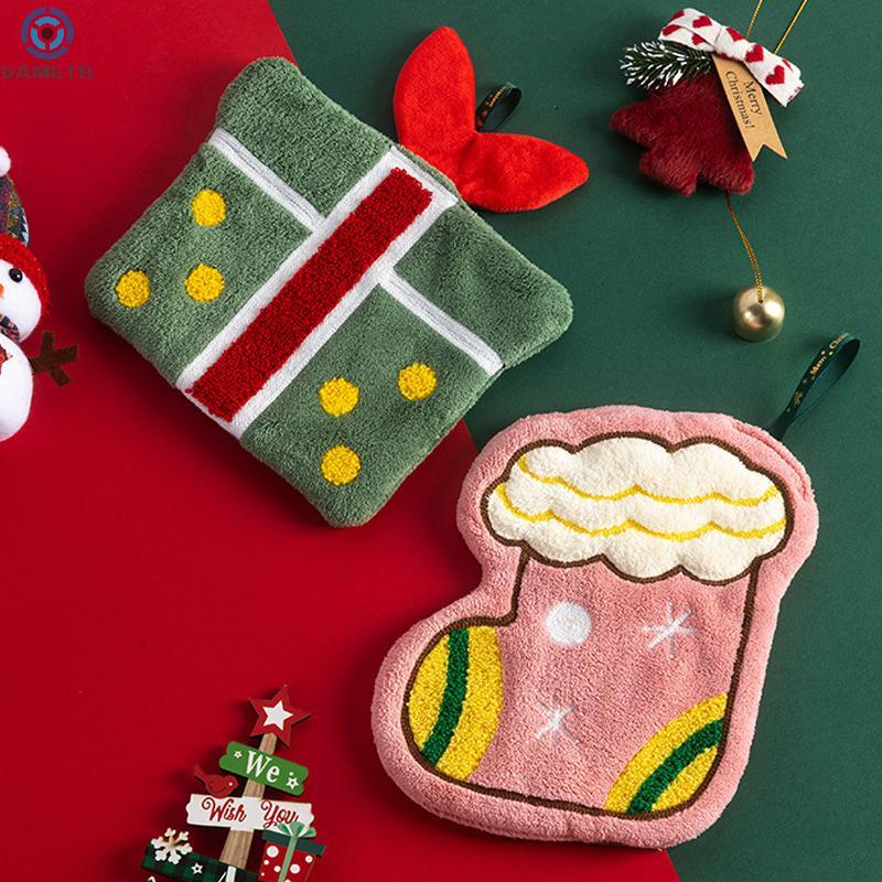 1PC Christmas Hand Towel Cartoon Gingerbread Man Snowman Socks Christmas Tree Gift Box Coral Fleece Towel Cleaning Cloth Rag