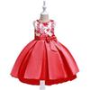 Girls Beaded Embroidery Flower Dress Wedding Party Trailing Gown Kids Bowknot Tutu Costume