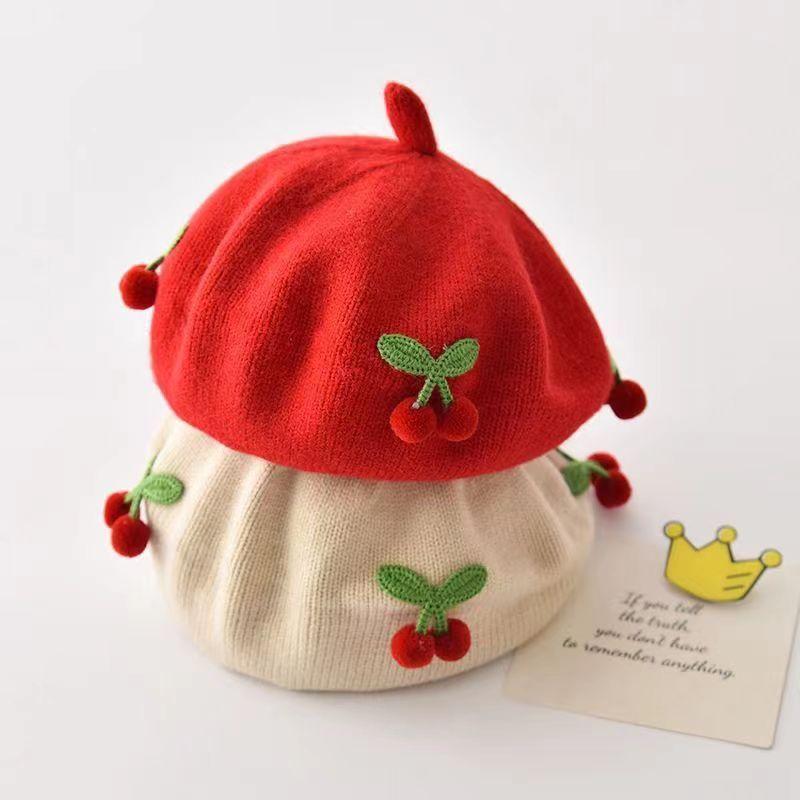 Sweet Cherry Baby Girls Beret Hat Autumn Winter Knitted Baby Boys Cap Beanies Soft Children Artist Painter Cap
