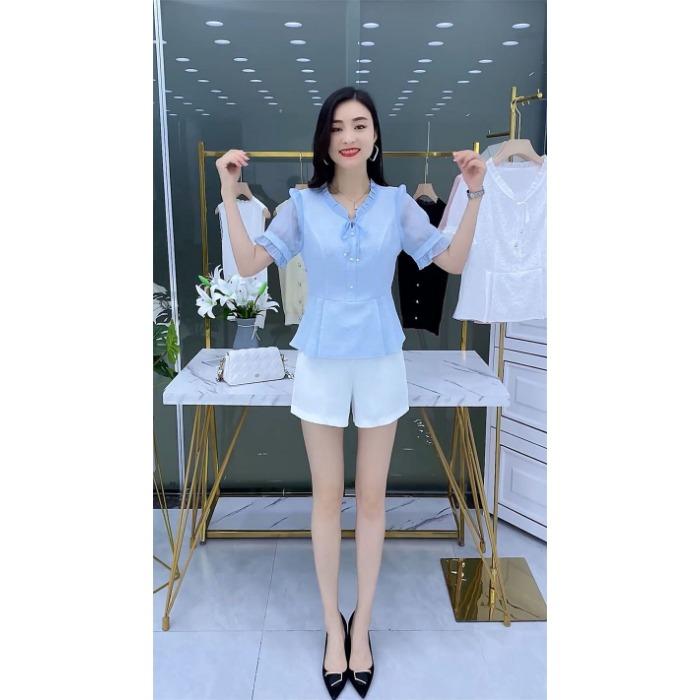 Floral Jacquard Chiffon Shirt Women Summer Short Sleeve Loose Fit Casual Tops Small Size Trendy Blouse