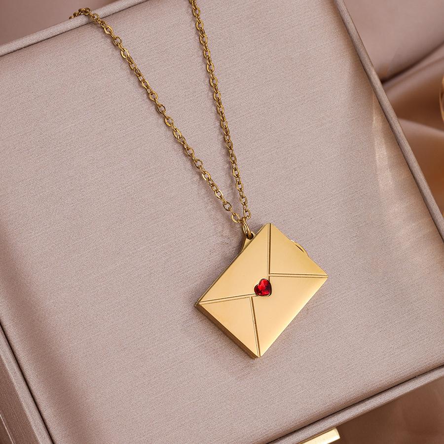 Stainless Steel Envelope Pendant Necklace for Women with Keychain Heart Shaped Locket Jewelry Gift