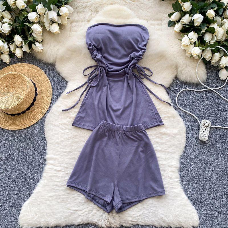 

Pure Desire Gyaru Set Women Summer Design Sense Straps on Both Sides Waist Hugging Sleeveless Tube Top Split Top High waist shorts Dark gray All yards