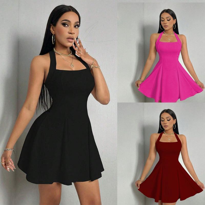 A New Women's Sexy Off-the-neck Backless Cinched-waist A-line Skirt Dress