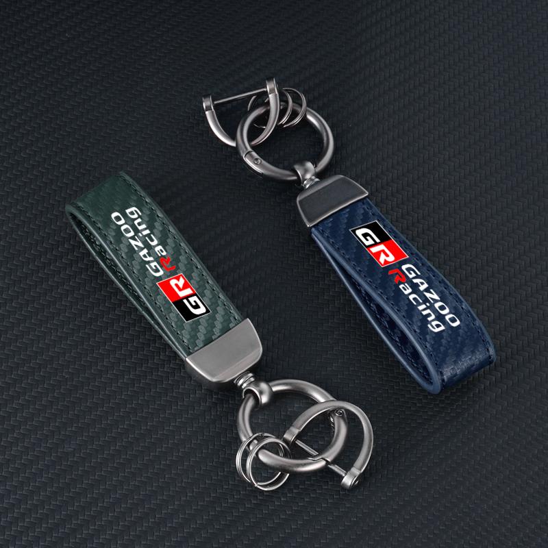1PC Carbon fiber Car Keychain Key Ring Metal Leather For Toyota GR GAZOO RACING Toyota Yaris Hilux Corolla Prius Accessories