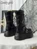 Gothic Schwarze Plateau Mid-Calf Stiefel für Damen Klobiger Absatz Schnürung Schnallendesign Seitenreißverschluss Edgy Punk Stil Damenstiefel