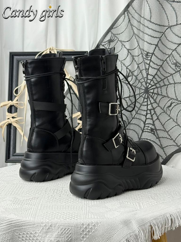 Gothic Schwarze Plateau Mid-Calf Stiefel für Damen Klobiger Absatz Schnürung Schnallendesign Seitenreißverschluss Edgy Punk Stil Damenstiefel