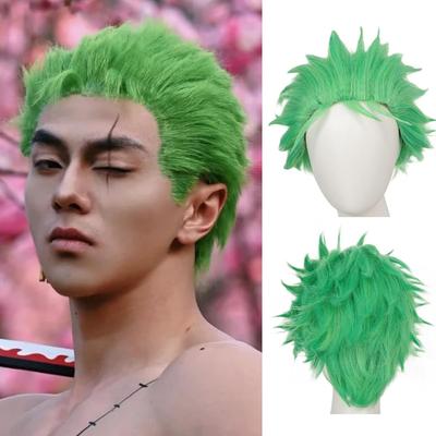 Peruka Zoro dla Chłopców Odporna na Ciepło Syntetyczna Peruki na Imprezę Halloweenową Cosplay Krótkie Zielone Peruki dla Mężczyzn Jasnozielona Peruka