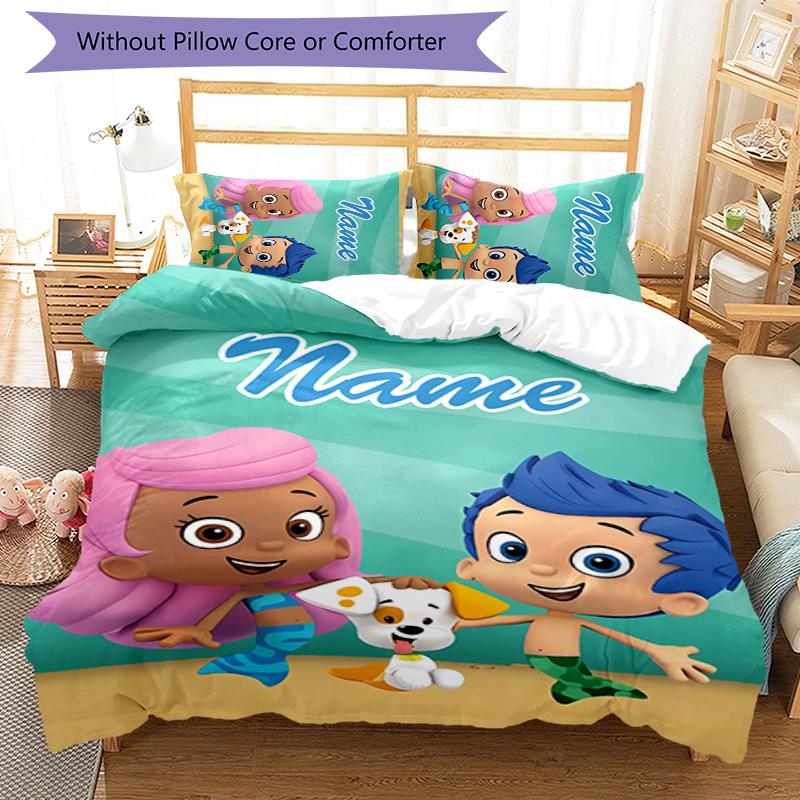 3pcs Bubble Guppies Cover Set - Personalized Name, HD Printed Bedding with 1 Cover and 2 Pillowcases - Perfect for Home Decor, Easy Care