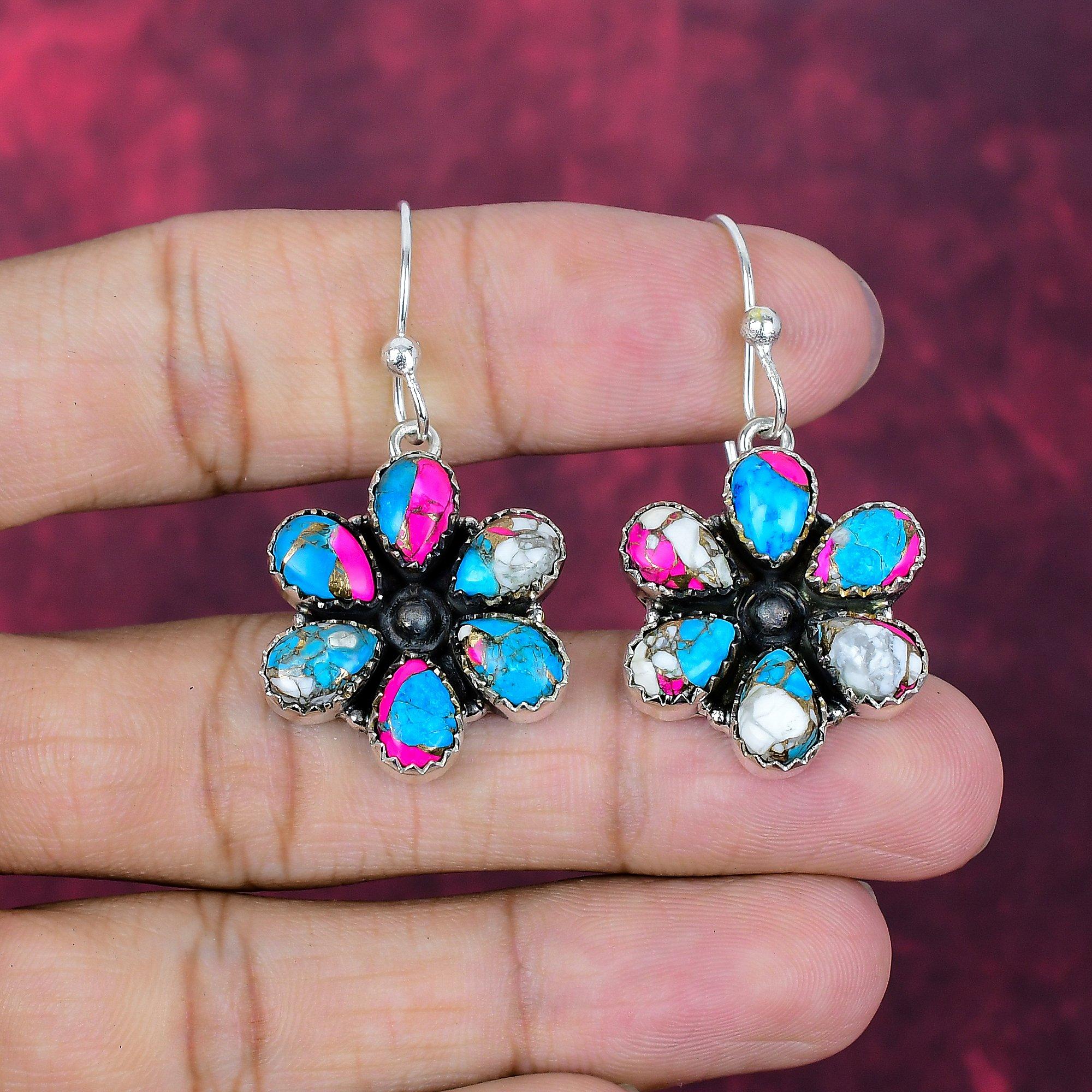 

Cotton Candy Turquoise Handmade Gemstone Earrings, 925 Solid Sterling Silver Earrings Antique Jewelry, Love Forever Gift 1.77 Inches