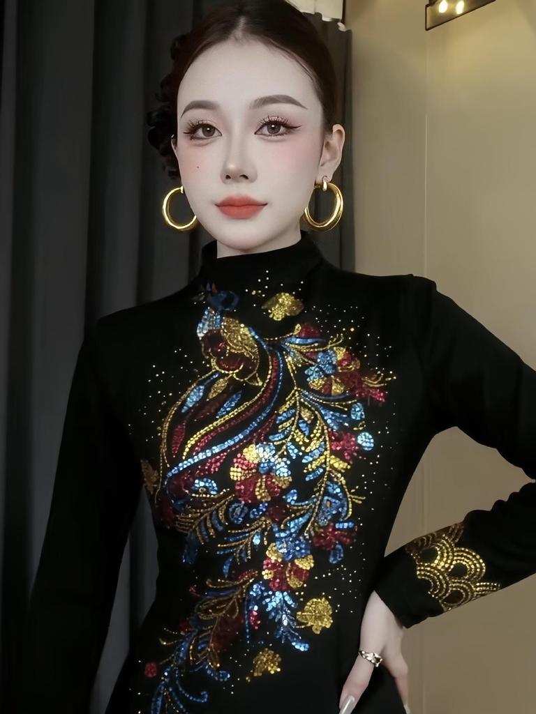 De Rong Women's Rhinestone Long-Sleeve T-Shirt - Autumn/Winter, Base Layer, Half-High Collar, Elegant and Stylish