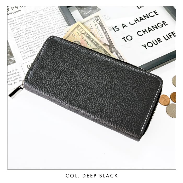 Basic Dandy Embossed Long Wallet for Men and Women, Genuine Leather, Round Zipper, Coin Purse, Card Slots, Long Wallet, Leather Round Wallet, Navy