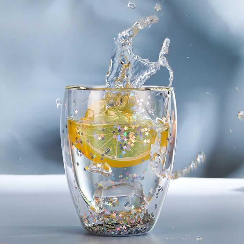 Baifenbai Home Furnishing Starry Sky Double-Layer Glass Sequined Cup High-Value Household High Temperature Resistant Milk Cup Drinking Cup