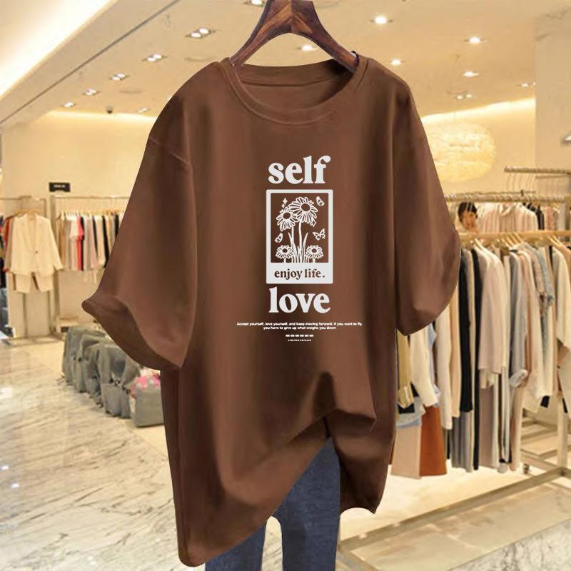 

Pure cotton short-sleeved t-shirt women s large size loose casual simple versatile medium and long hip-covering round neck half-sleeved t-shirt top XXXL