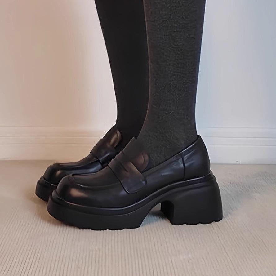 Leather Version~ Leather Heightened Platform Loafers Women's Black Round Head Thick Heel Single Shoes Retro British Style Small Leather Shoes