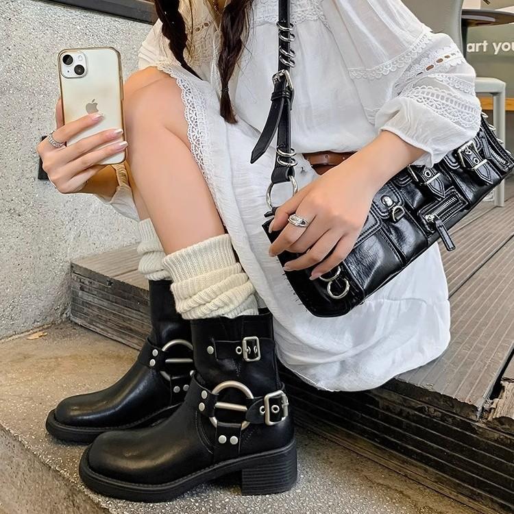 Miu * Home Knight Boots Belt Buckle Thick Heel Martin Boots Women's Leather Retro Knee Boots Western Cowboy Boots