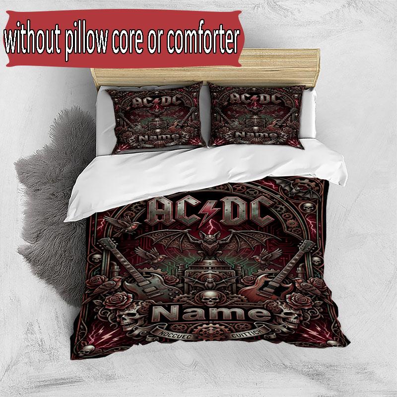 3pcs Duvet Cover Set (1*Duvet Cover + 2*Pillowcase, Without Core), Custom Name ACDC BAND Pattern Bedding Set, Home Bedroom Decor Gift