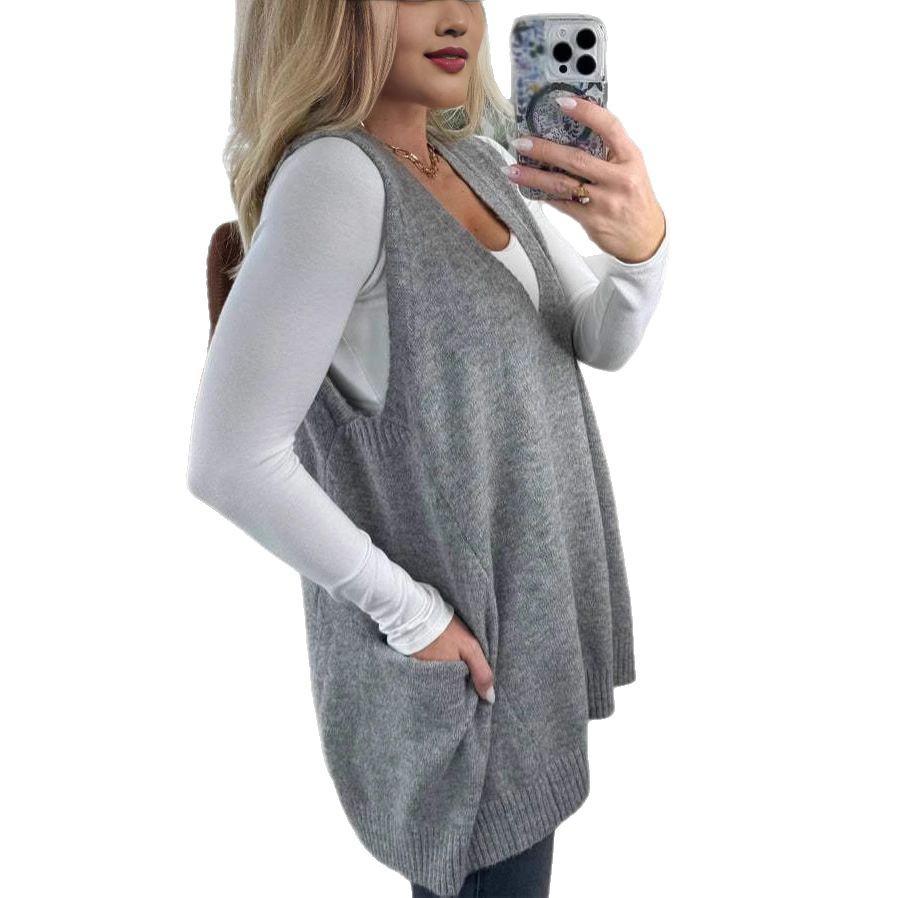 Women's Autumn/Winter V-Neck Casual Loose Knit Sweater Vest with Pockets
