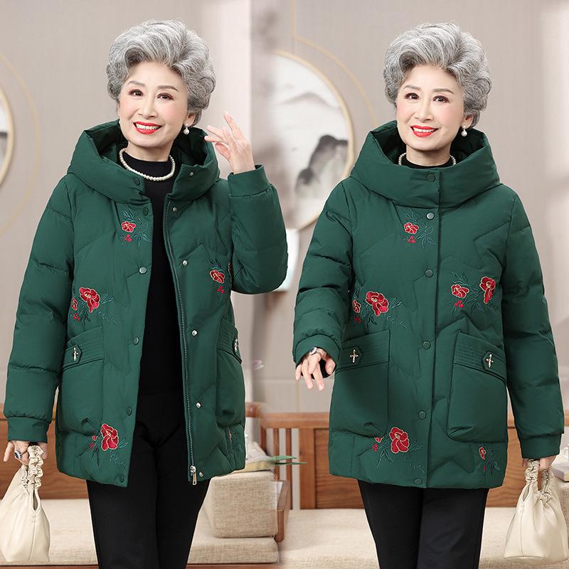 

Grandma s Thick Hooded Down Jacket for Weddings – Stylish Winter Coat for Elderly Women XL (recommended 105-120 lbs) зелёный
