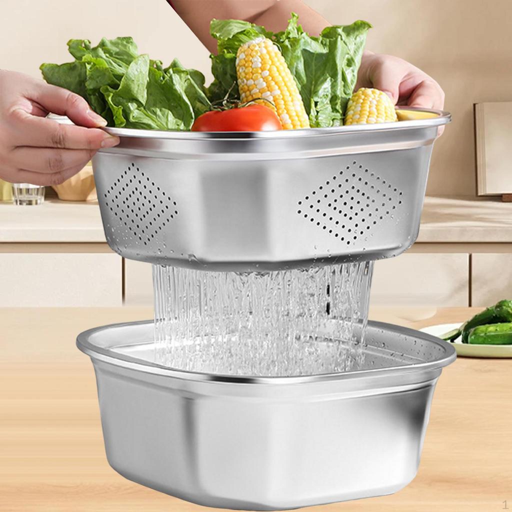 Sieve Set Made of Stainless Steel with Fresh-keeping Containers, Salad Bowls for Grapes, Rice,