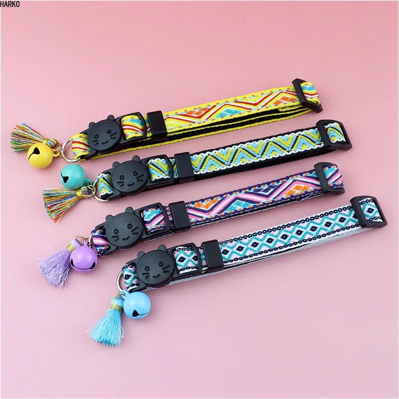 Adjustable Cat Collar With Tassels And Bells Embellished Pet Collar Colorful Plaid Jacquard Pattern For Cat And Dog Collars Decor