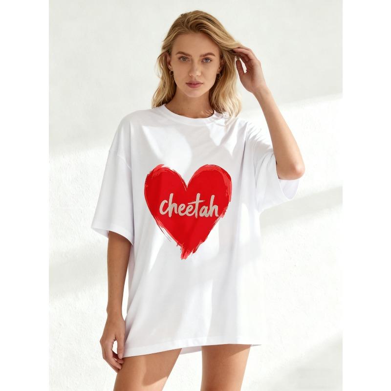 Black Oversized T Shirt With Red Heart Cheetah Print For Casual Wear And Street Style