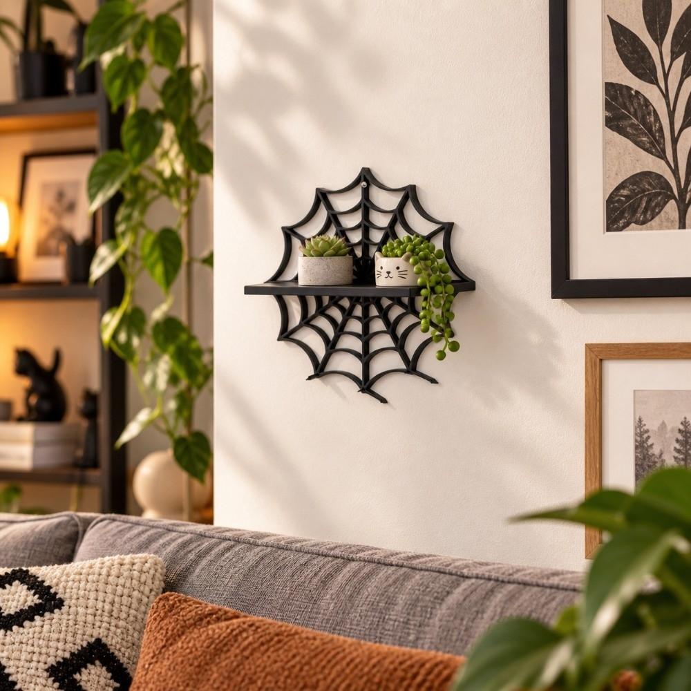 Black Halloween Floating Shelf Spider Web Wall Storage Rack Wall-Mounted Shelves Living Room