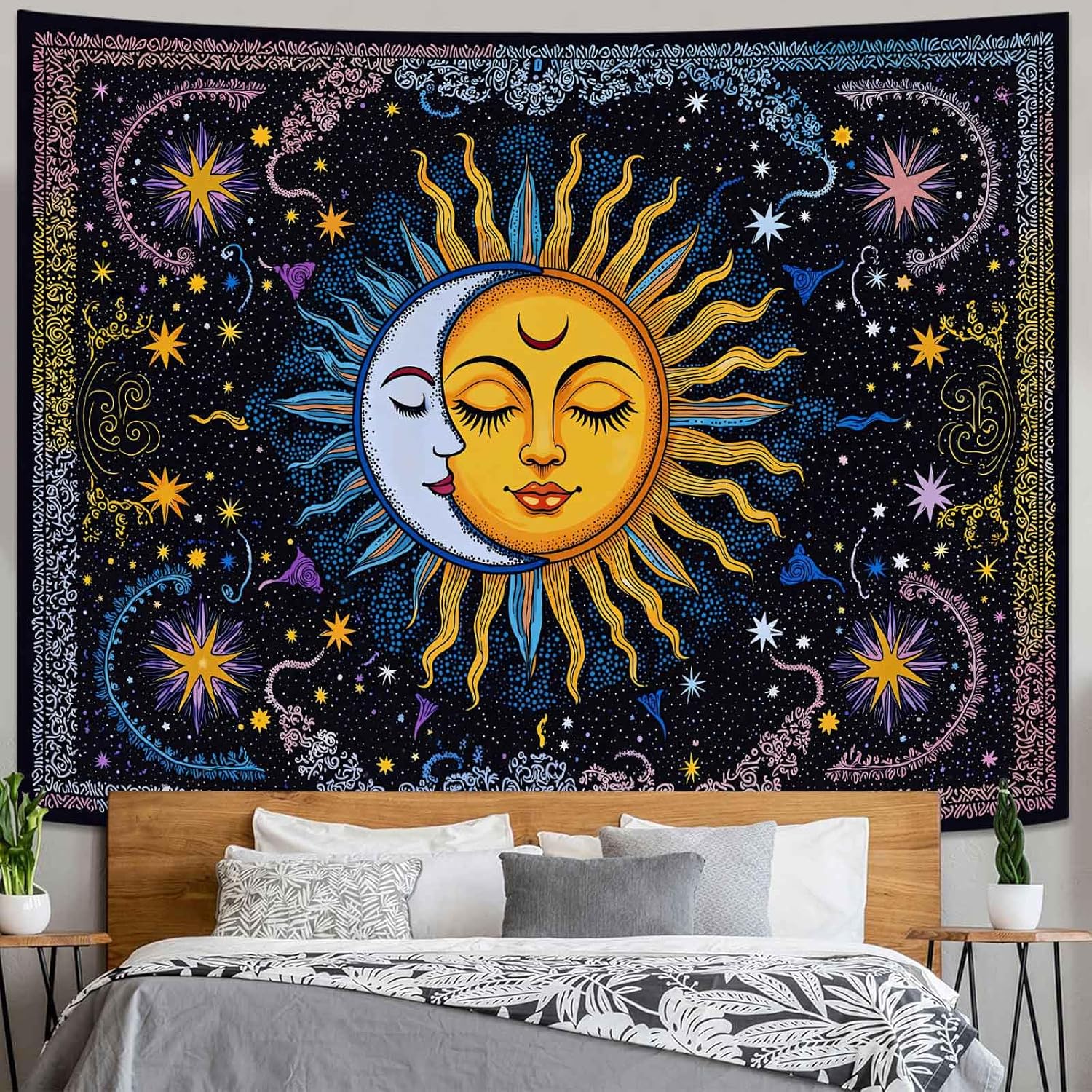 Textilien Unisex Boho Sun And Moon Tapestry, Colorful Celestial Starry Sky Mandala Print Wall Hanging For Bedroom Living Room Dorm Decor