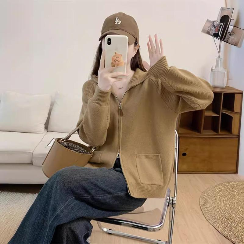 Autumn and Winter New Double Zipper Lapel Knitted Cardigan Women's Solid Color Sweater Jacket Loose Style Top Trendy