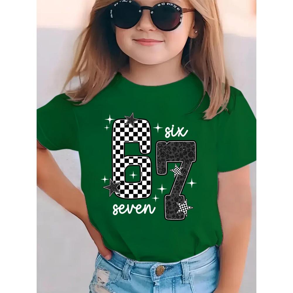 Kids 6 7 Print T-Shirt Short Sleeve Round Neck Casual Top Tees Summer Comfortable Fashion Girl and Boy Clothing