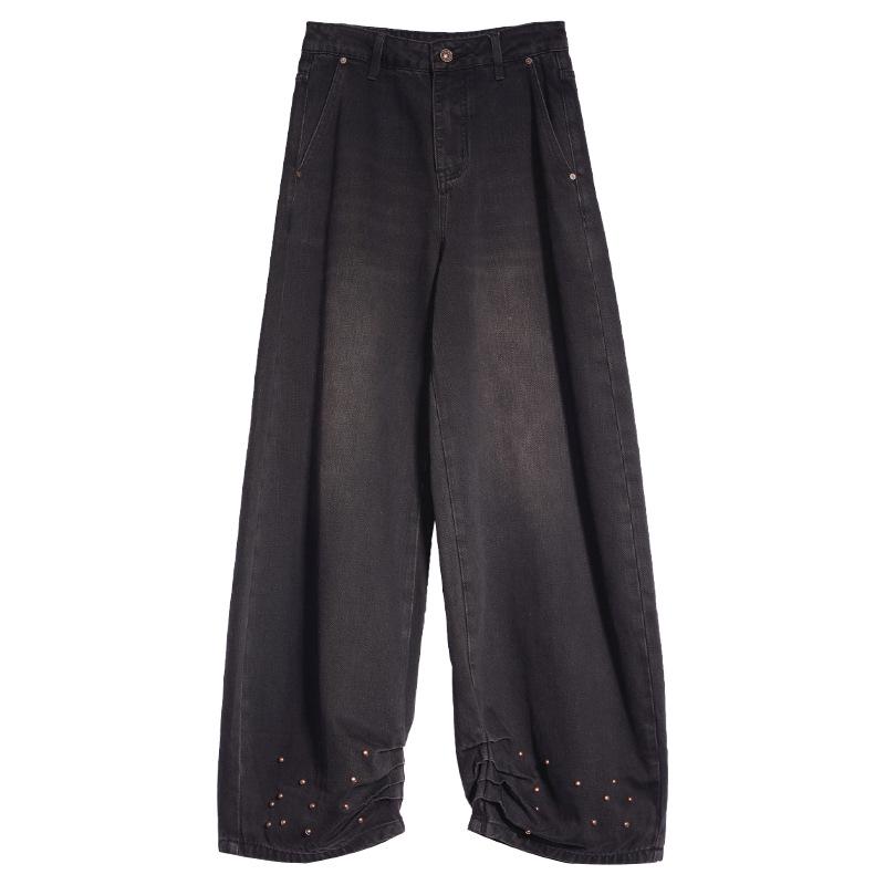 Tuogu Women s Rivet Washed Wide-Leg Jeans: Trendy, Slimming Banana Style Small чёрный