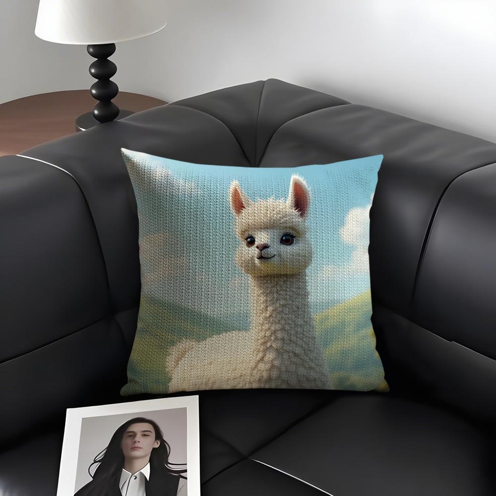 Alpaca Cute Cushion Cover Natural Linen Organic Fabric DoubleSided Printing Sofa Home Decor Gift Pillow Case