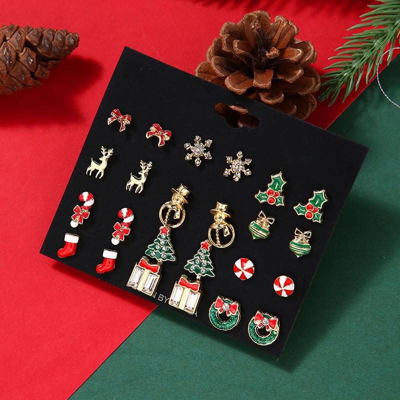 Christmas stud earrings combination new cartoon holiday alloy dripping elk old man bell earrings set