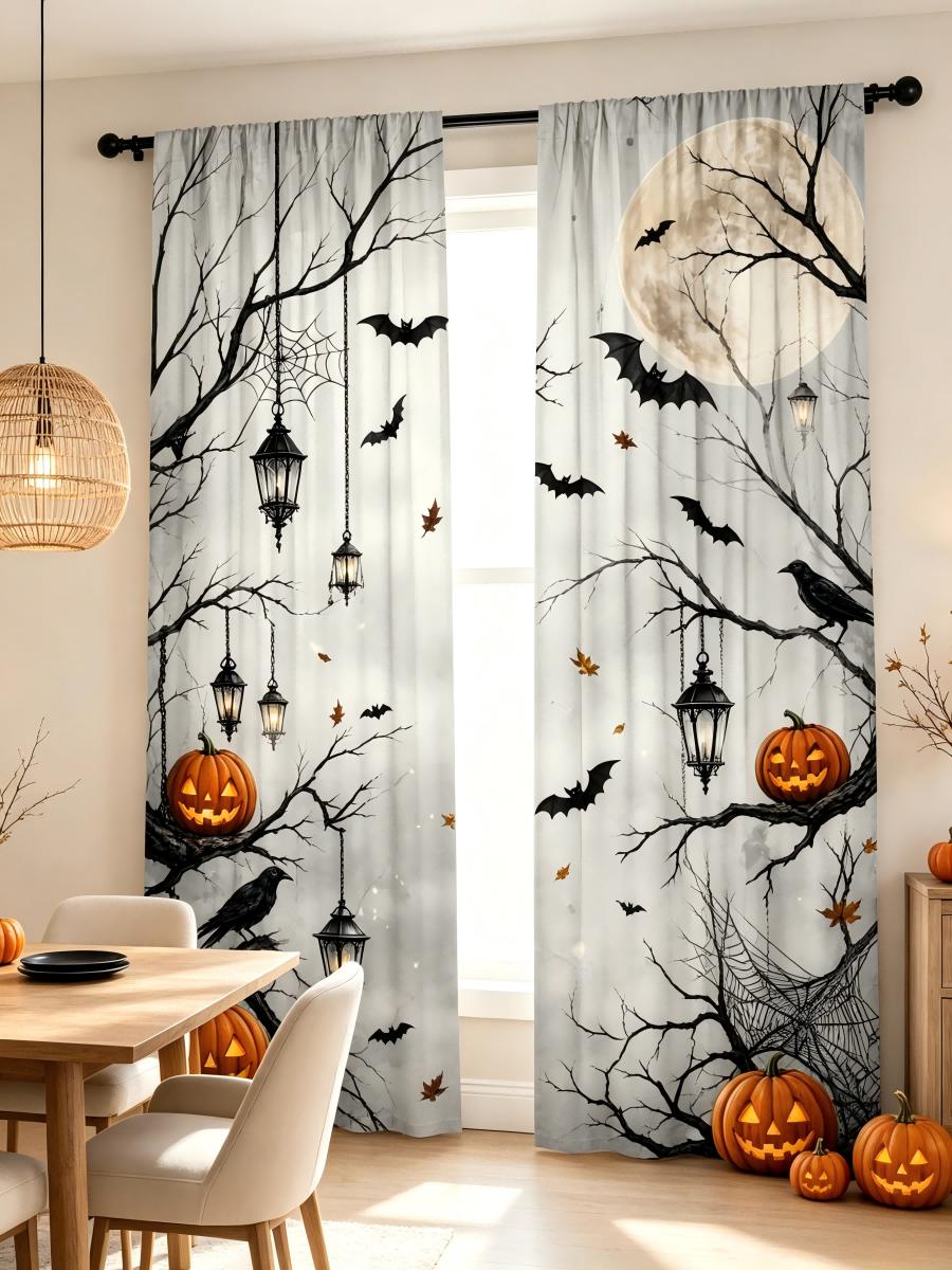 2 STuks Halloween Digitale Print Gordijnen Gotische Spookachtige Boomtak Pompoen Vleermuis Raamgordijnen Decor 75x166cmx2&Rod pocket &2 panels