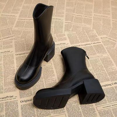 Damenstiefel Herbst und Winter 2024 Neue Hochhackige Kurze Stiefel Damenschuhe für Frühling und Herbst Wadenhoch Blockabsatz