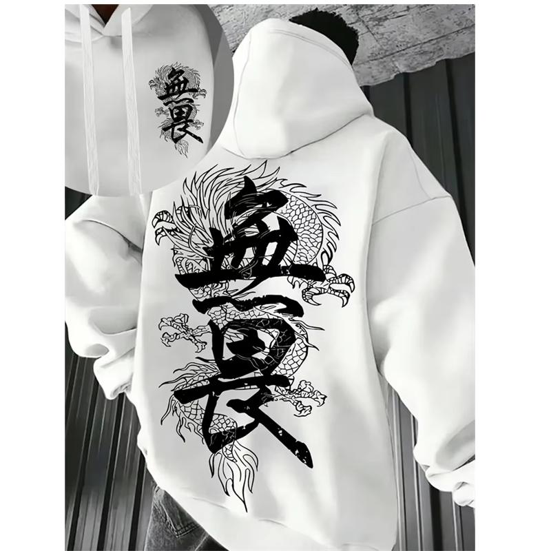 Japanese-style Harajuku Dragon Print Men Women Hoodies Outdoor Street Sporty Casual Fitness Loose Autumn Winter Sweatshirt Top