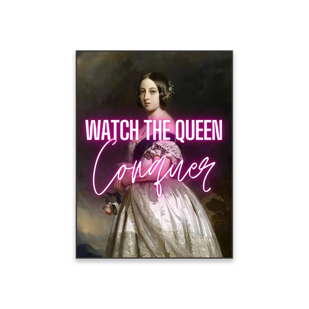 Funny Quote Art Oil Painting Watch The Queen Conquer Canvas Painting Altered Art Baroque Print Rococo Art Home Living Room Decor