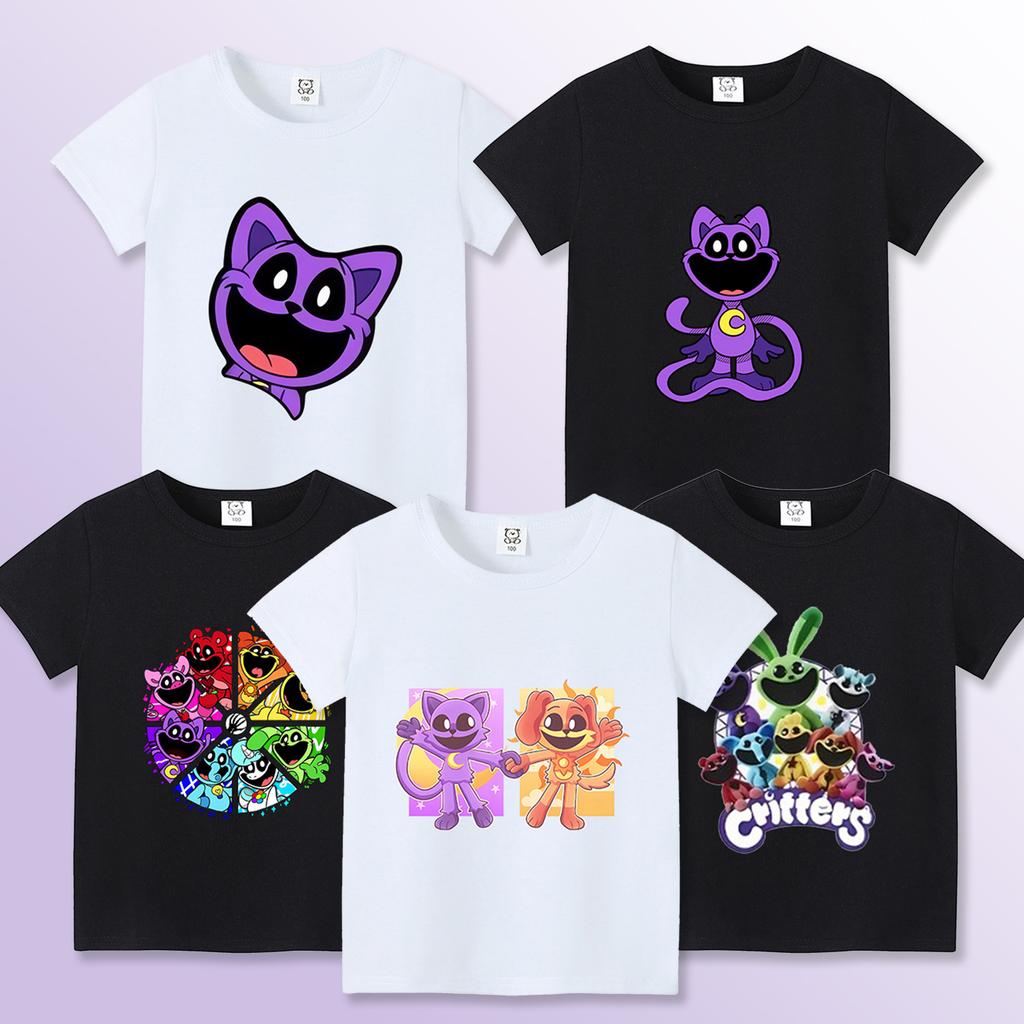Smilings Critters Tshirt for Kids Cartoon Figure Printed Short Sleeve Clothes Children Summer White Black Base Tee Casual Tops