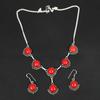 Conjunto de Joias em Prata de Lei 925 com Coral Vermelho Elegante Colar com Pedra Redonda e Brincos Pendentes para Mulheres Joias de Casamento Boho