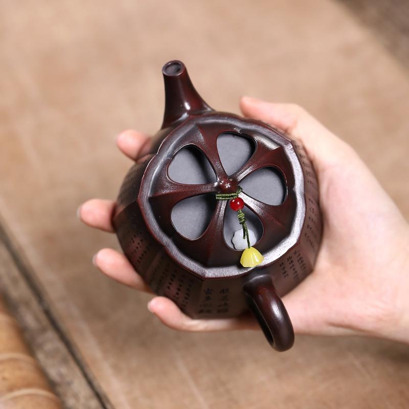 180ml Yixing Purple Clay Teapots Handmade Heart Sutra Pot Raw Ore Antique Brass Mud Tea Brewing Kettle With Filter Zisha Tea Set