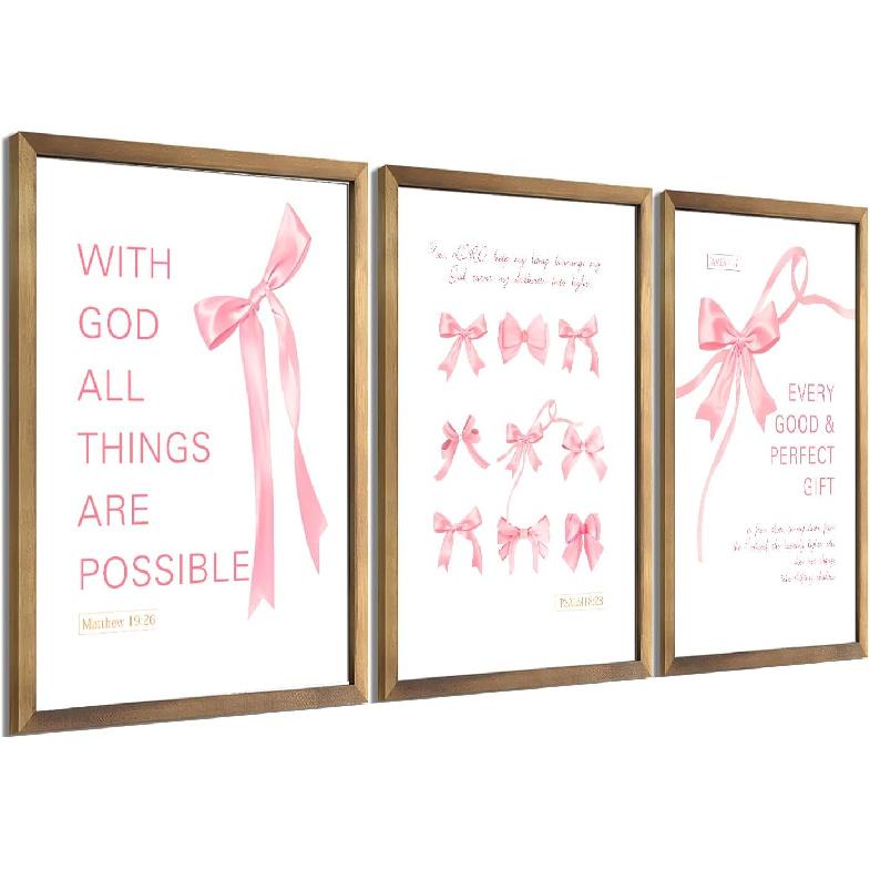 Coquette wall decor teen girl room pink bow wall art decor poster pirational Bible Verses Bow Wall Deco 10x8 inches 4pcs (unframed)