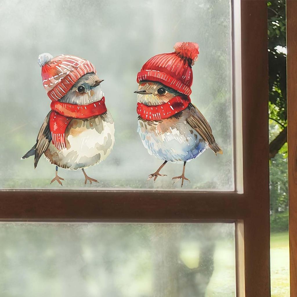 Christams 3 Birds in Red Santa Hat Window Clings, Xmas Theme Flower Birds Design Glasses Decorations, 11.8 * 10.6Inches Size Chritsmas Window