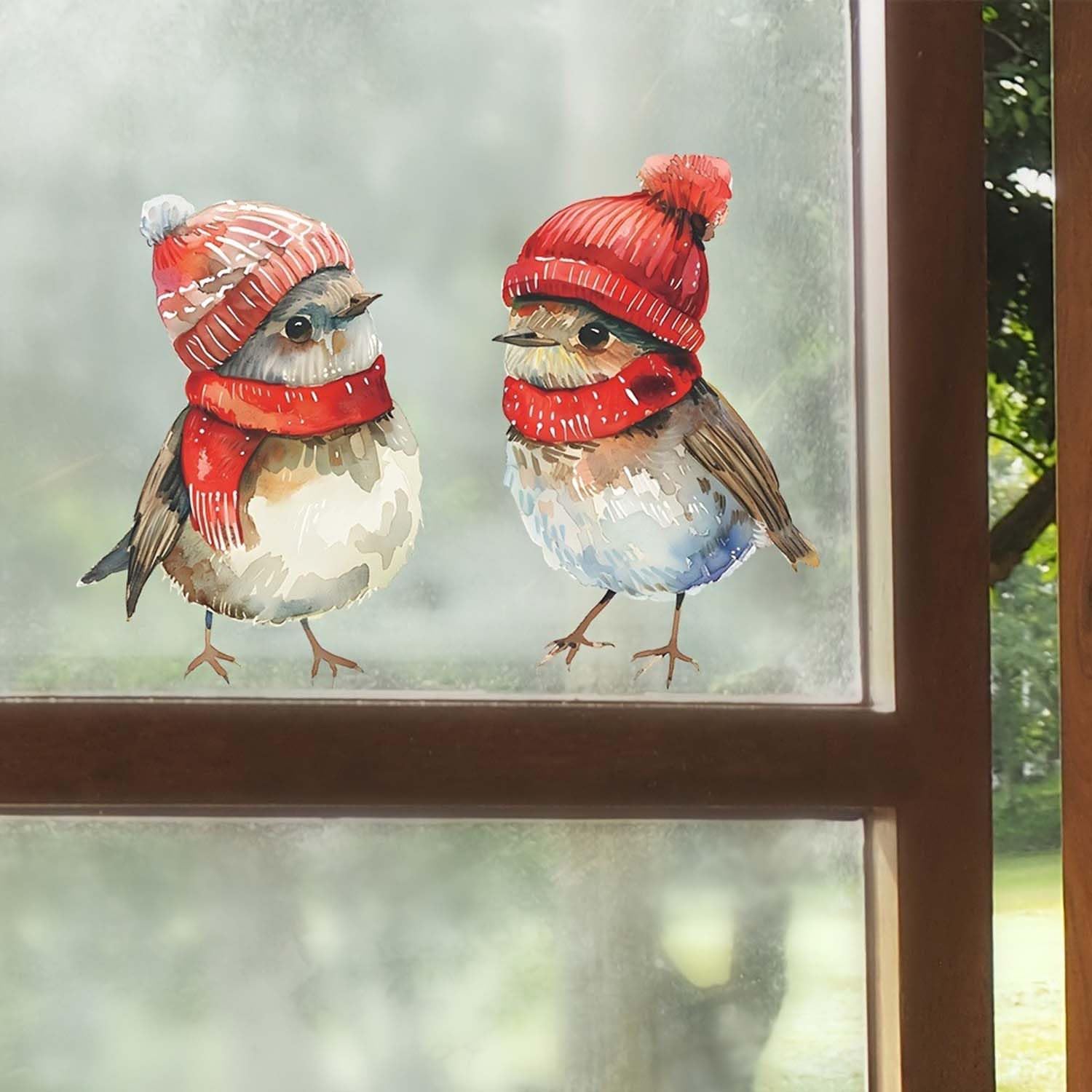 Christams 3 Birds in Red Santa Hat Window Clings, Xmas Theme Flower Birds Design Glasses Decorations, 11.8 * 10.6Inches Size Chritsmas Window Style4