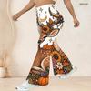 Women Plus Size High Waist Autumn Deer Floral Moon Pumpkin Print Flare Pants For Fall Bohemian Casual Style
