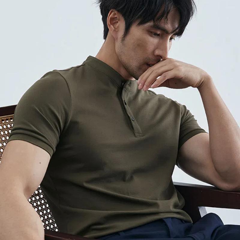 

Summer Mature Men s Henry Neck Polo Shirt Slim Ice Silk Anti-wrinkle Strap Elastic Black T-shirt Round Neck Short Sleeves L білий