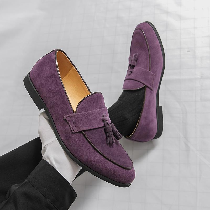 Fashion Spring Luxury Brand Street Fashion Mens Suede Loafers Trend Fashion Purple Party Dress Shoes Men's Leather Tassels Casual Shoes